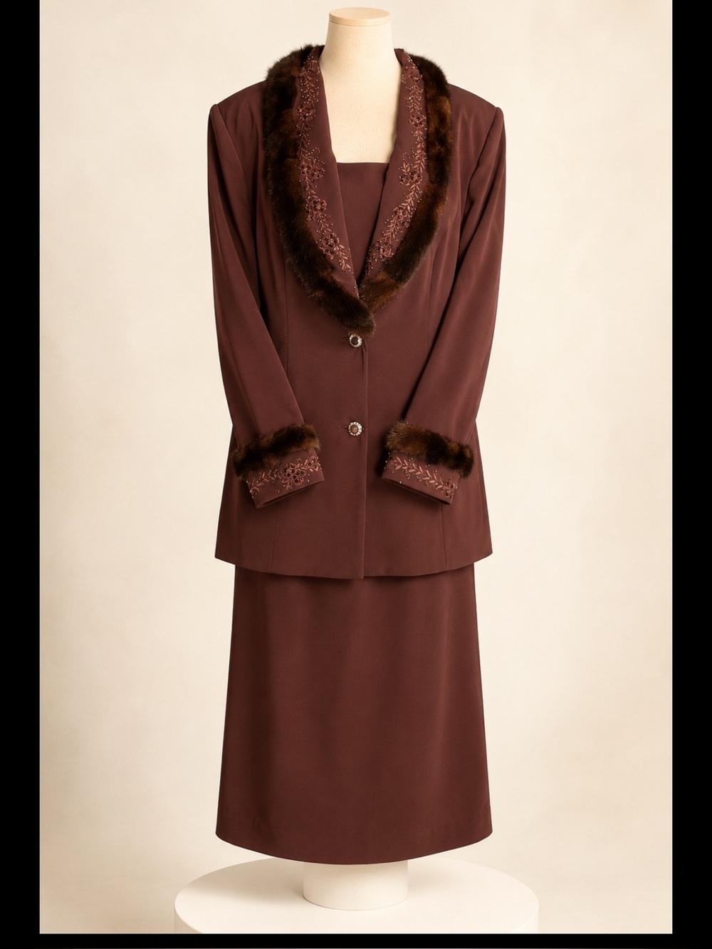 DVC Exclusive Size 18 Brown Mink-Look Faux Fur Embroidered Beaded Skirt Suit